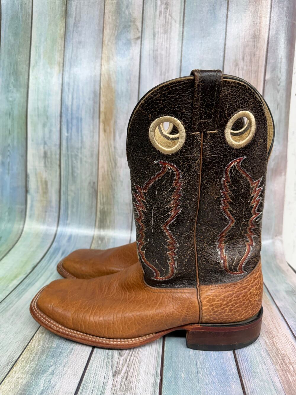 JM Western Cowboy Boots Brown Leather Square Toe Men's Size 12D Texas